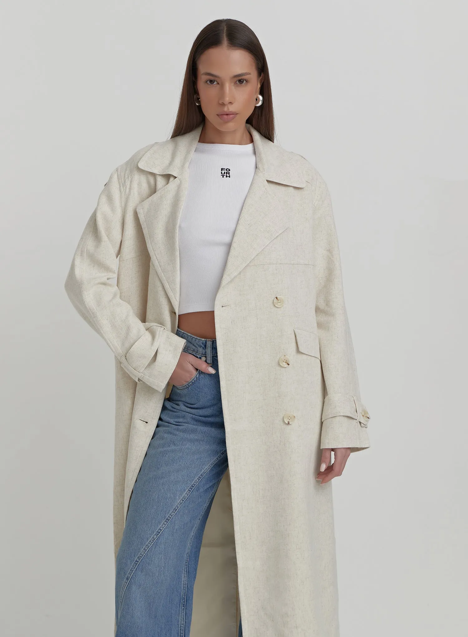 Cream Linen Look Trench Coat- Tanya