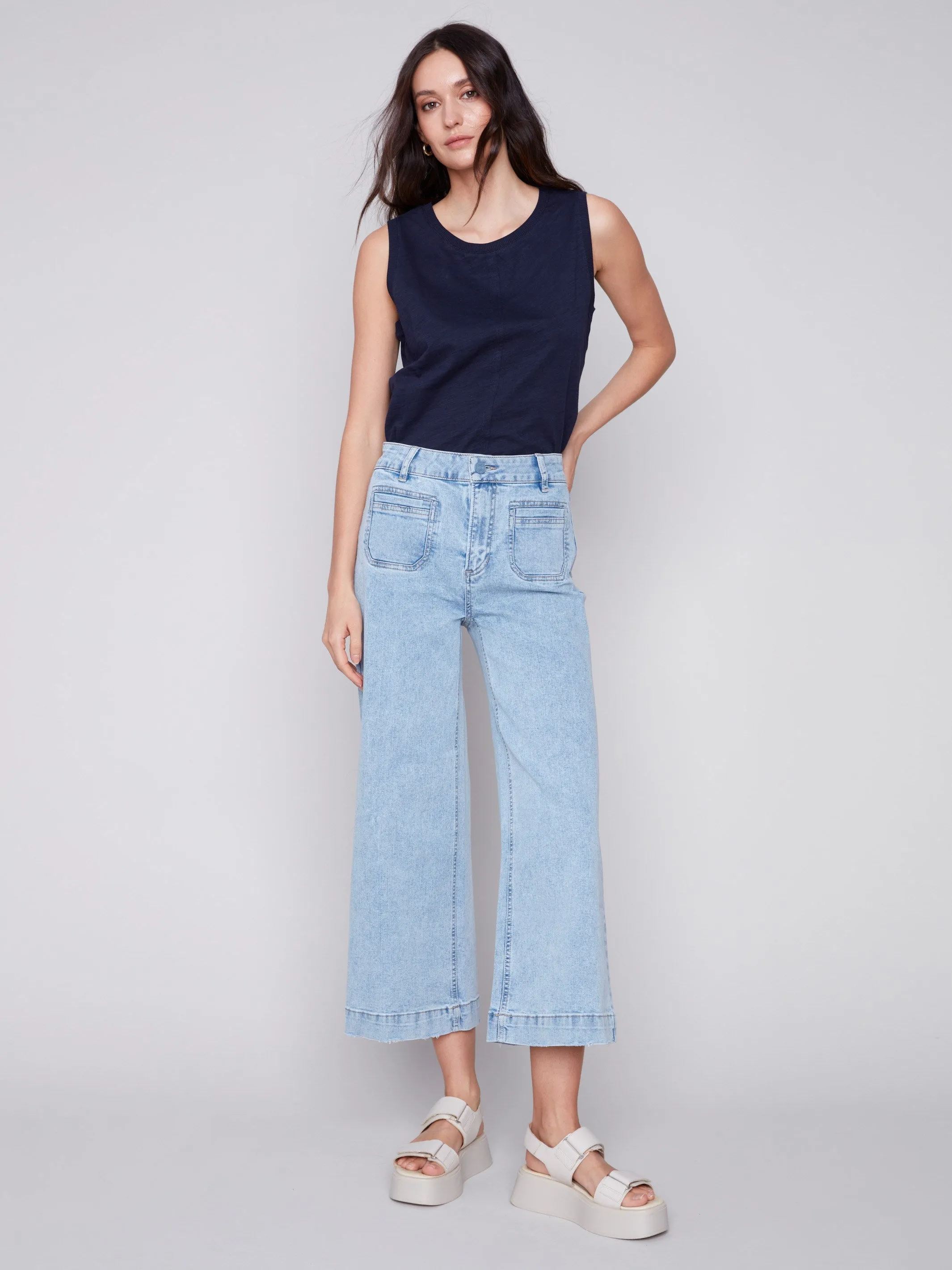 Cropped Wide Leg Jeans - Blue Jean