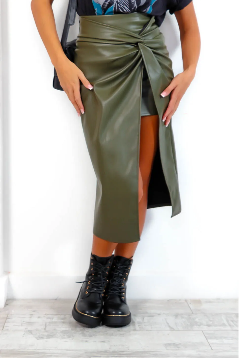 Date Me - Khaki PU Knot Detail Midi Skirt