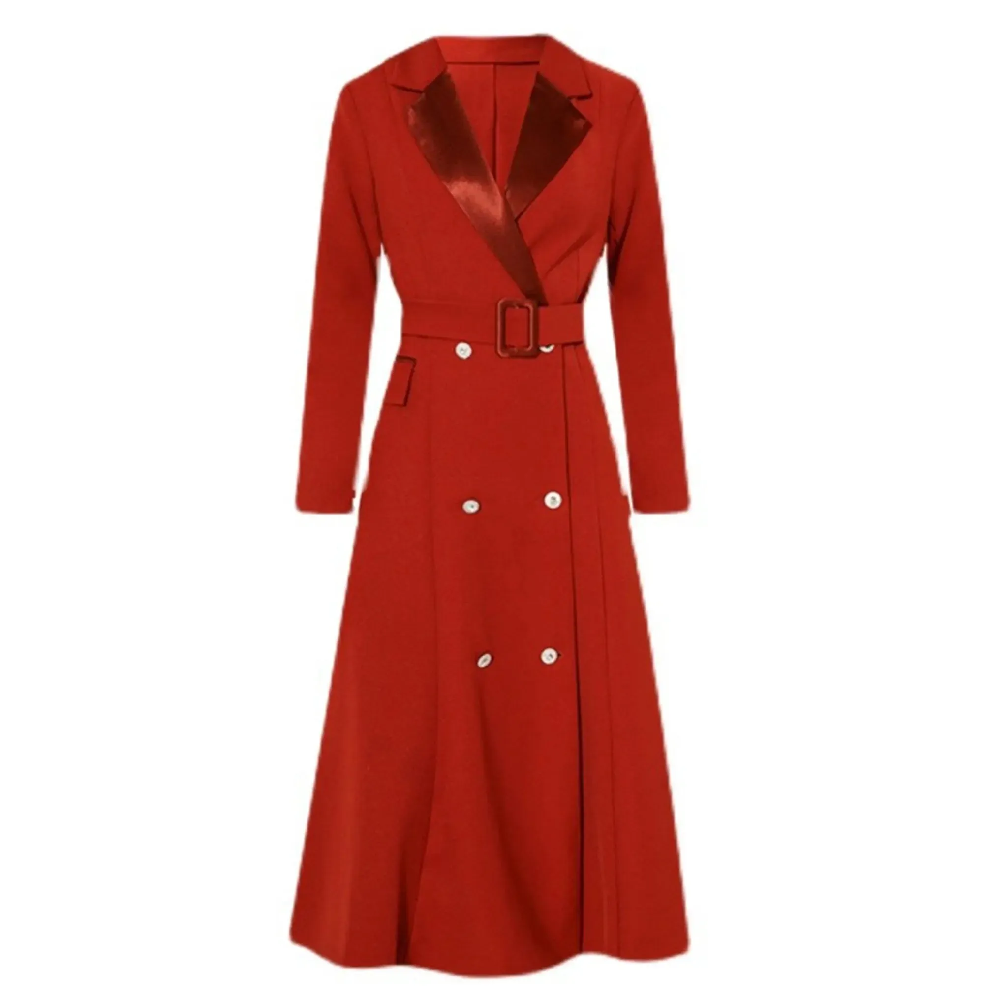 Double Breasted Fit & Flare Belted Red Coat