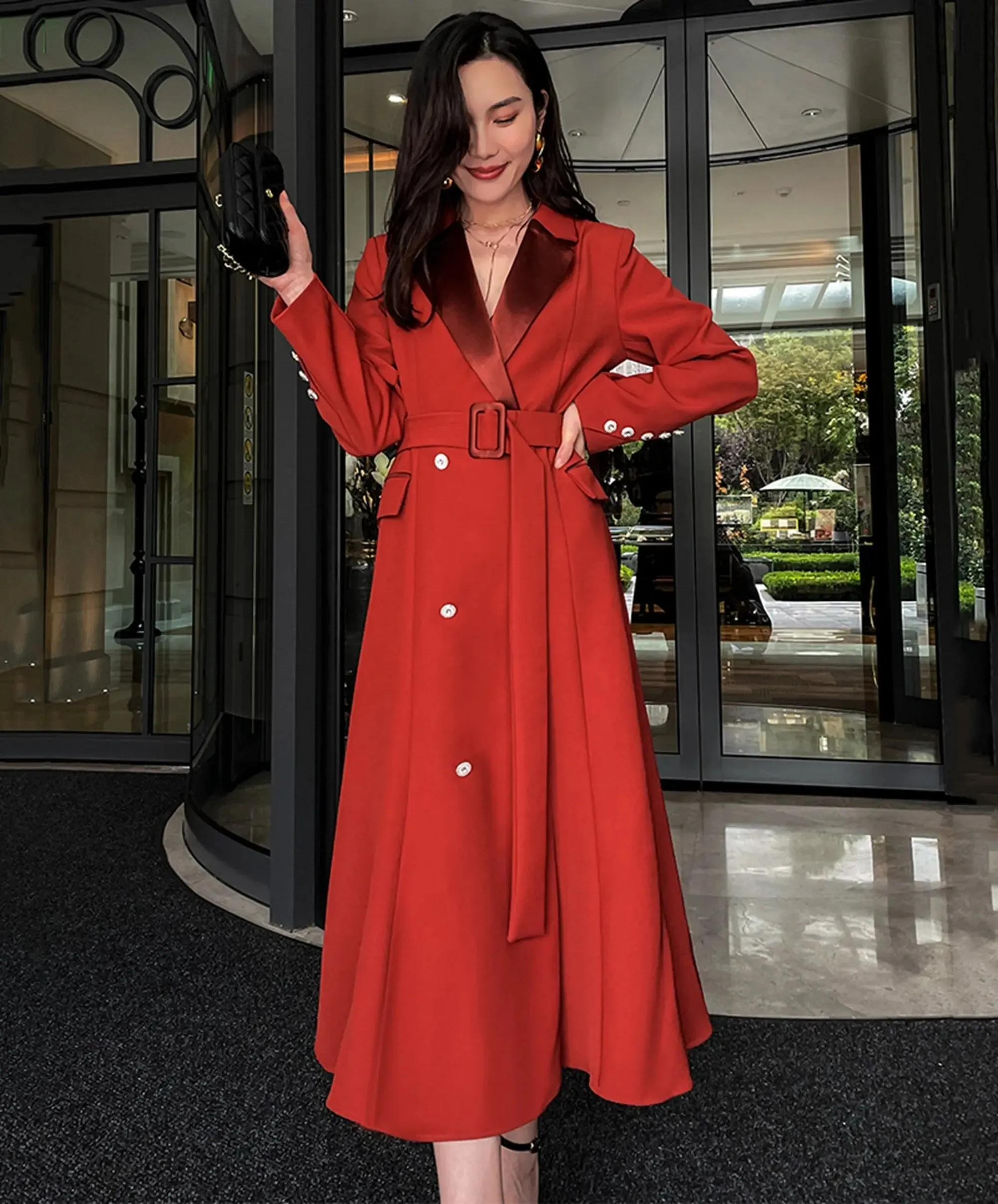 Double Breasted Fit & Flare Belted Red Coat