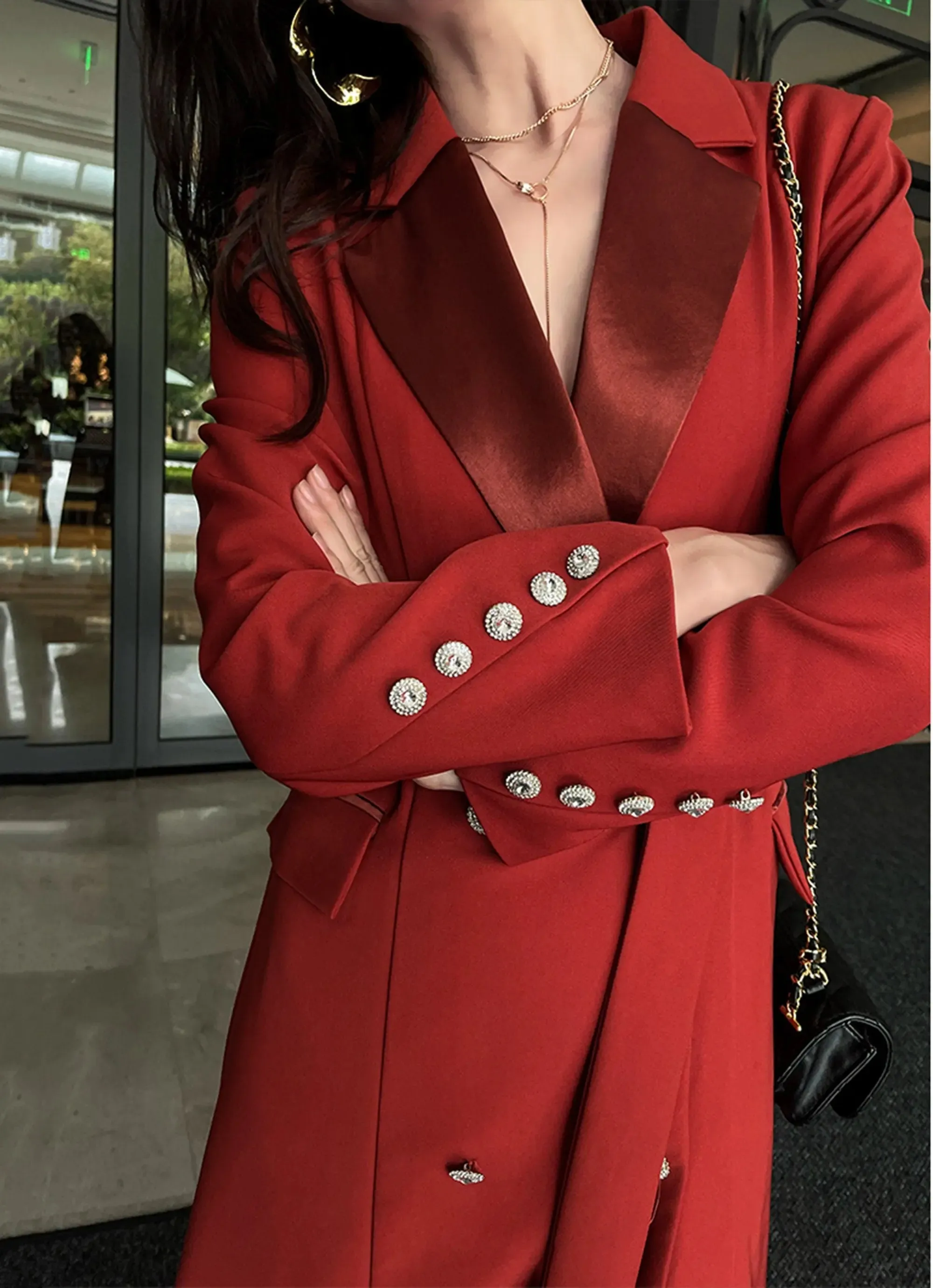 Double Breasted Fit & Flare Belted Red Coat