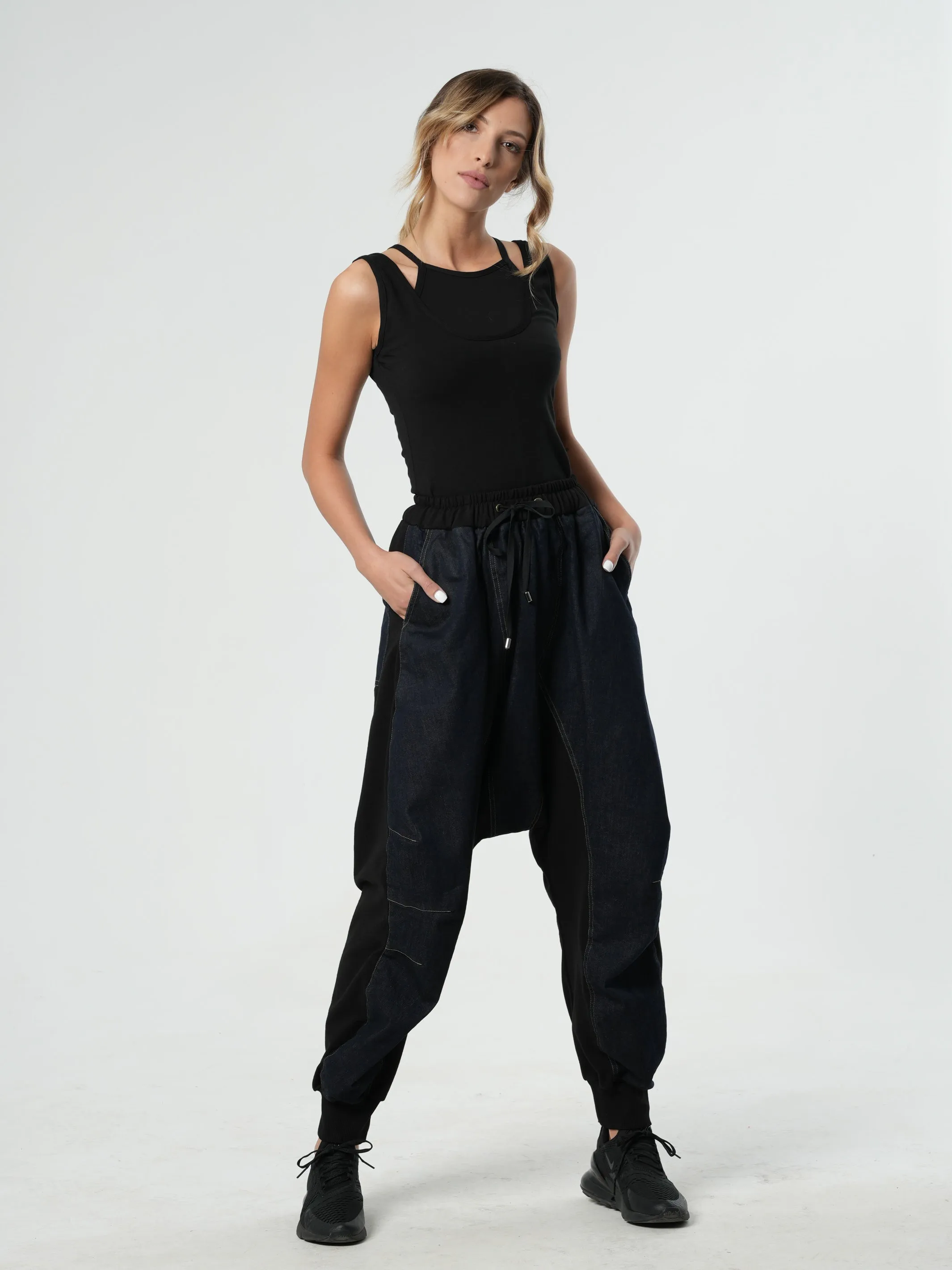 Drop-Crotch Denim Pants With Black Details