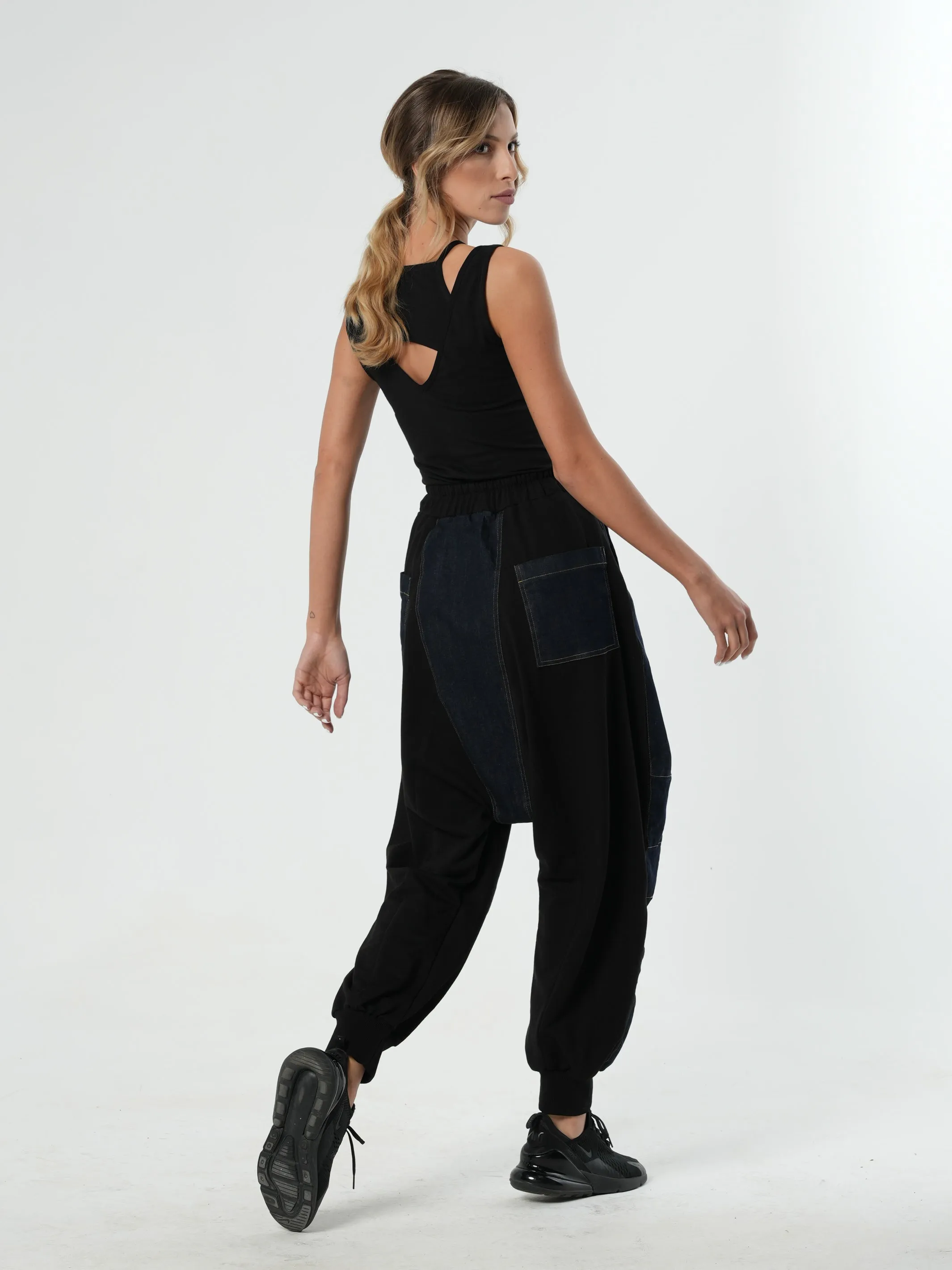 Drop-Crotch Denim Pants With Black Details