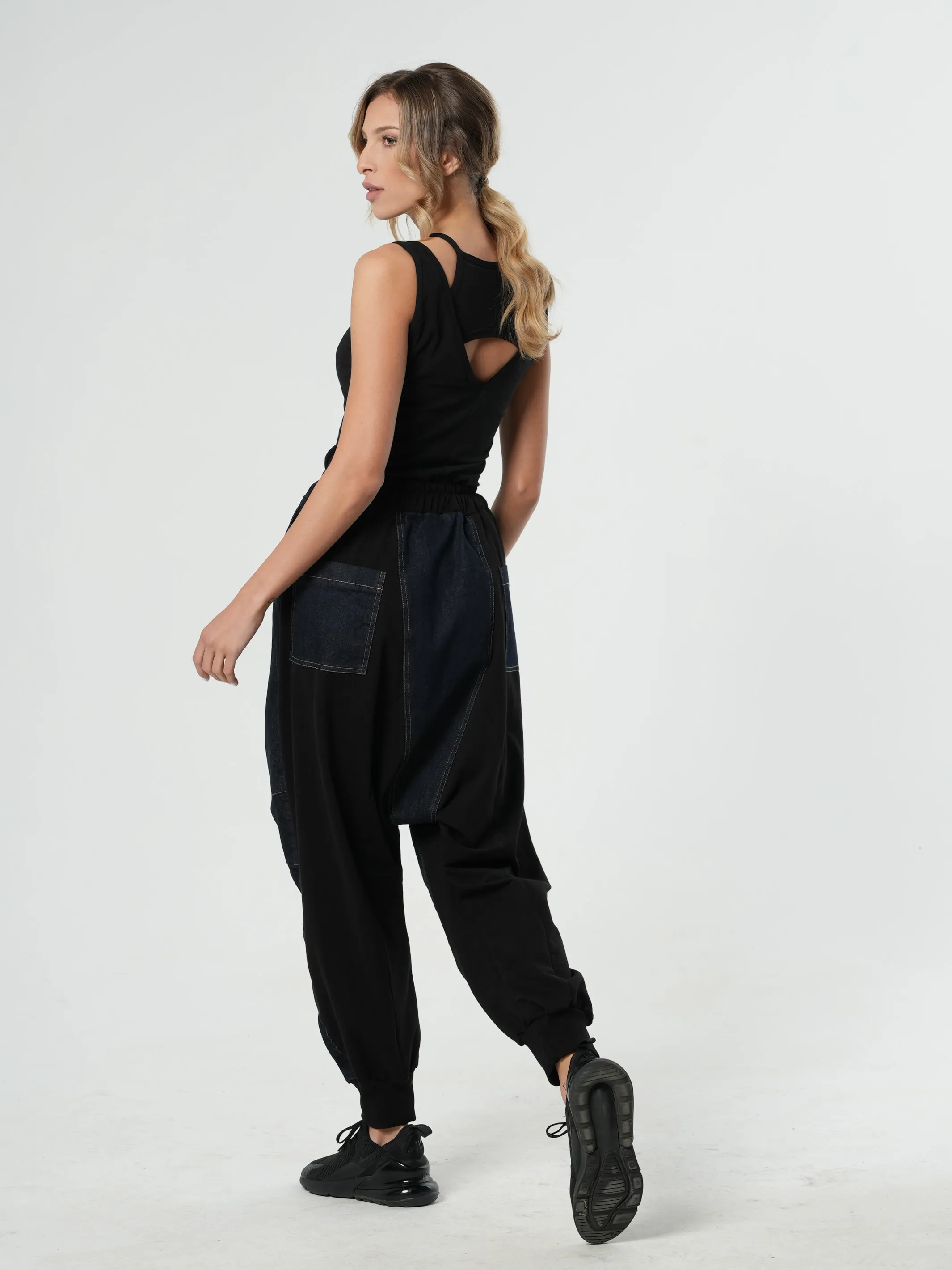 Drop-Crotch Denim Pants With Black Details