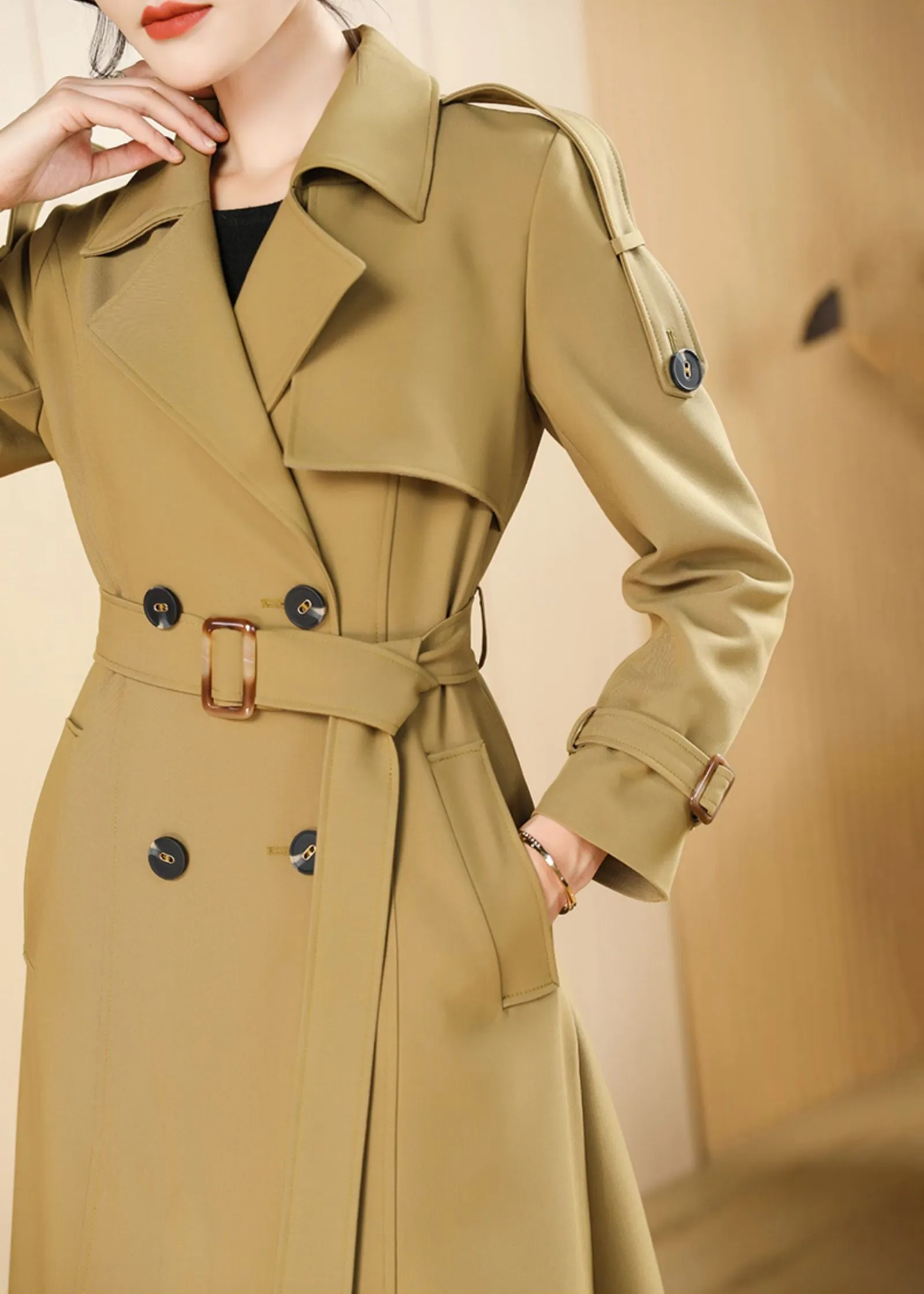 Epaulet Double Breasted Button Long Trench Coat