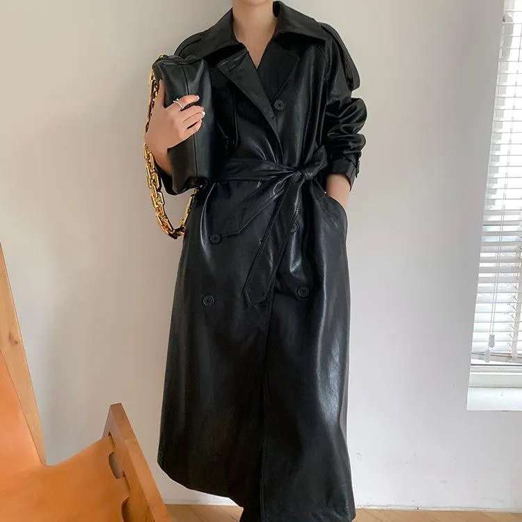 Faux Leather Long Trench Coat 2 Colors Black Brown