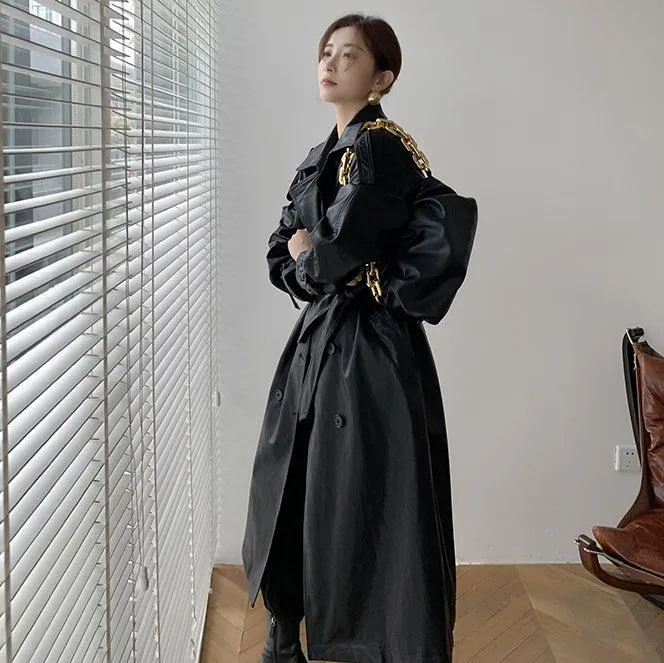 Faux Leather Long Trench Coat 2 Colors Black Brown