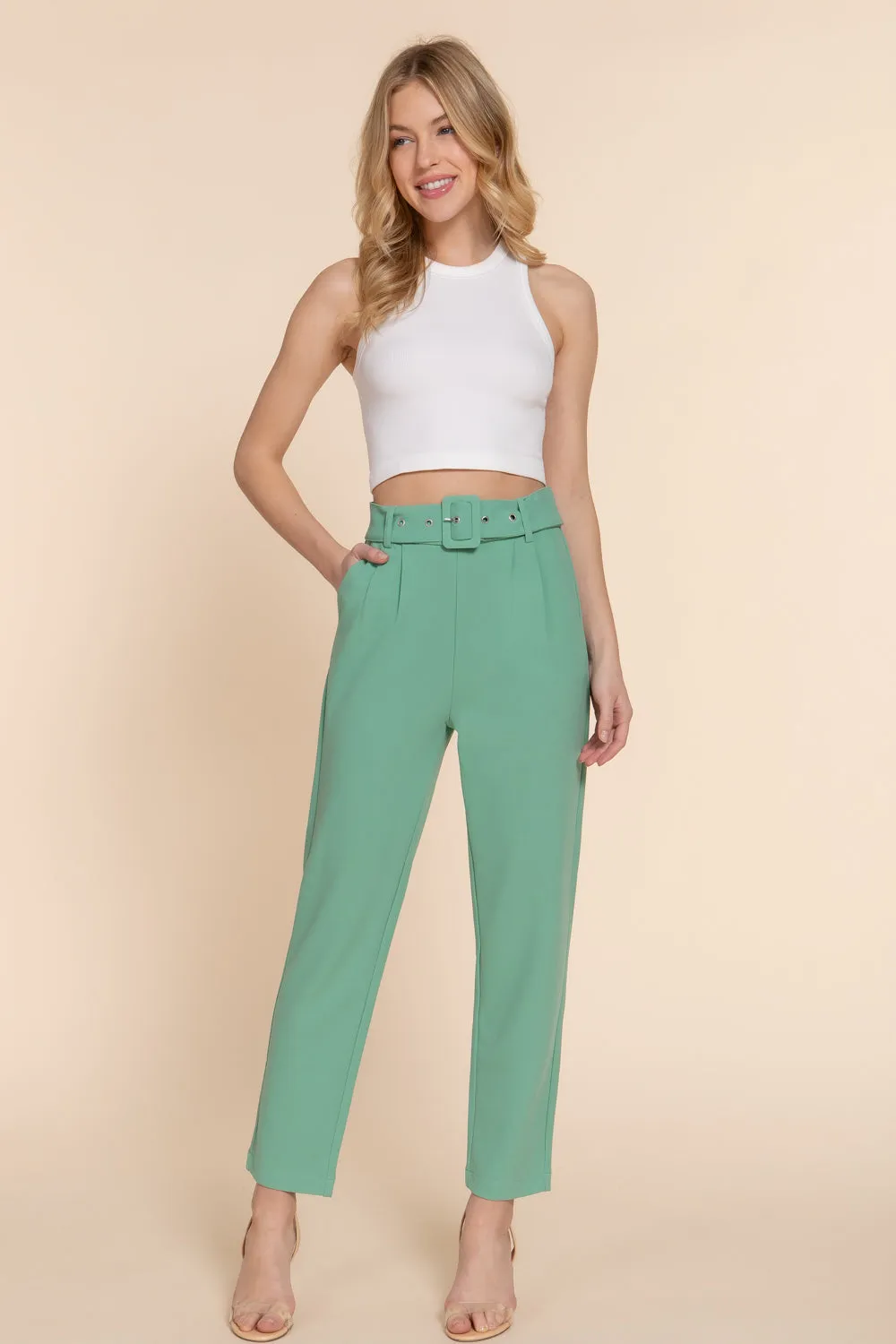 Front pocket belted stretch pants