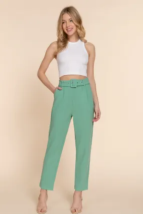 Front pocket belted stretch pants