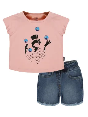 Girls Printed Raglan Sleeve Tee & Denim Hot Shorts Set