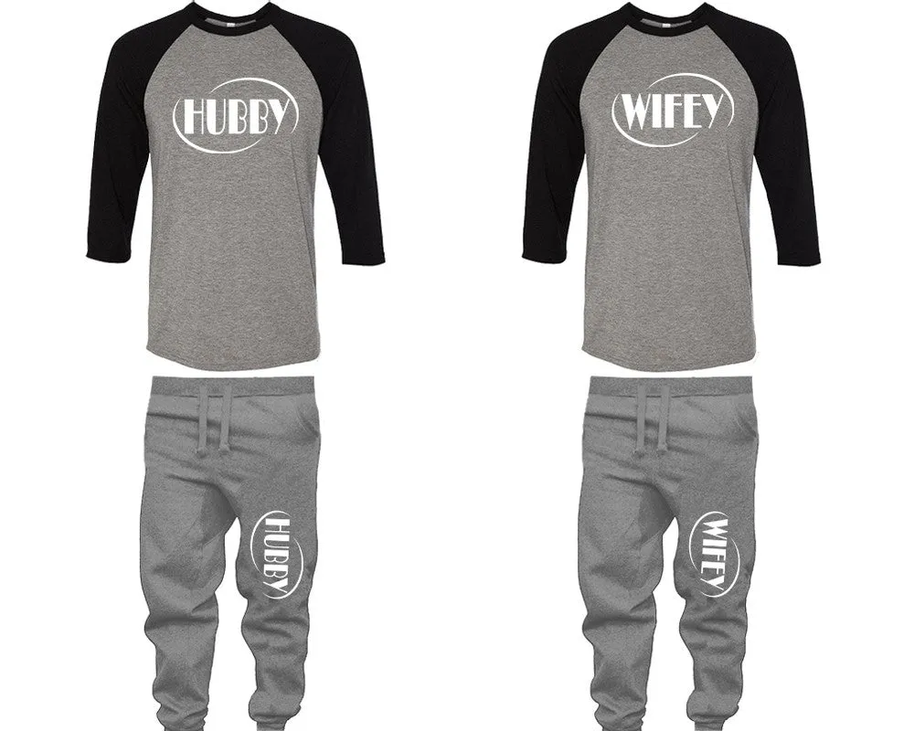 Hubby Wifey Couple Matching Baseball Shirts and Jogger Pants Top Bottom Sets