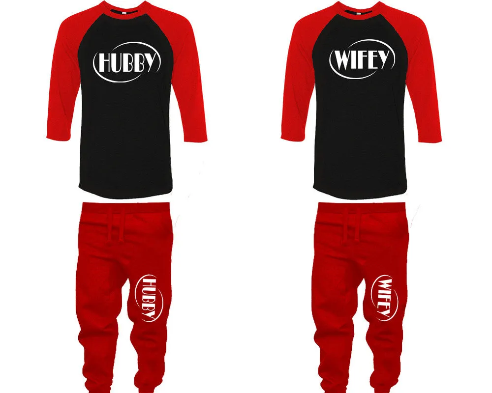 Hubby Wifey Couple Matching Baseball Shirts and Jogger Pants Top Bottom Sets