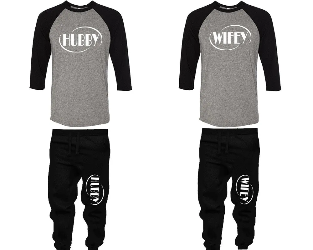 Hubby Wifey Couple Matching Baseball Shirts and Jogger Pants Top Bottom Sets