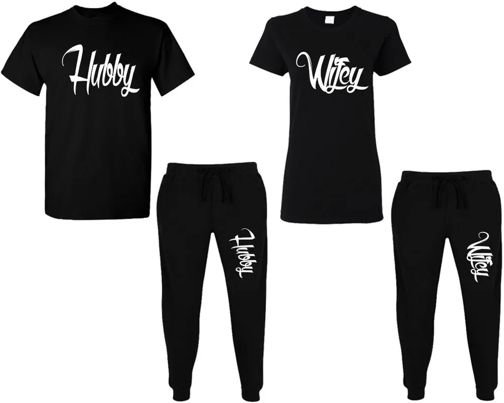 Hubby Wifey Couple Matching T Shirt and Jogger Pants Top & Bottom Sets