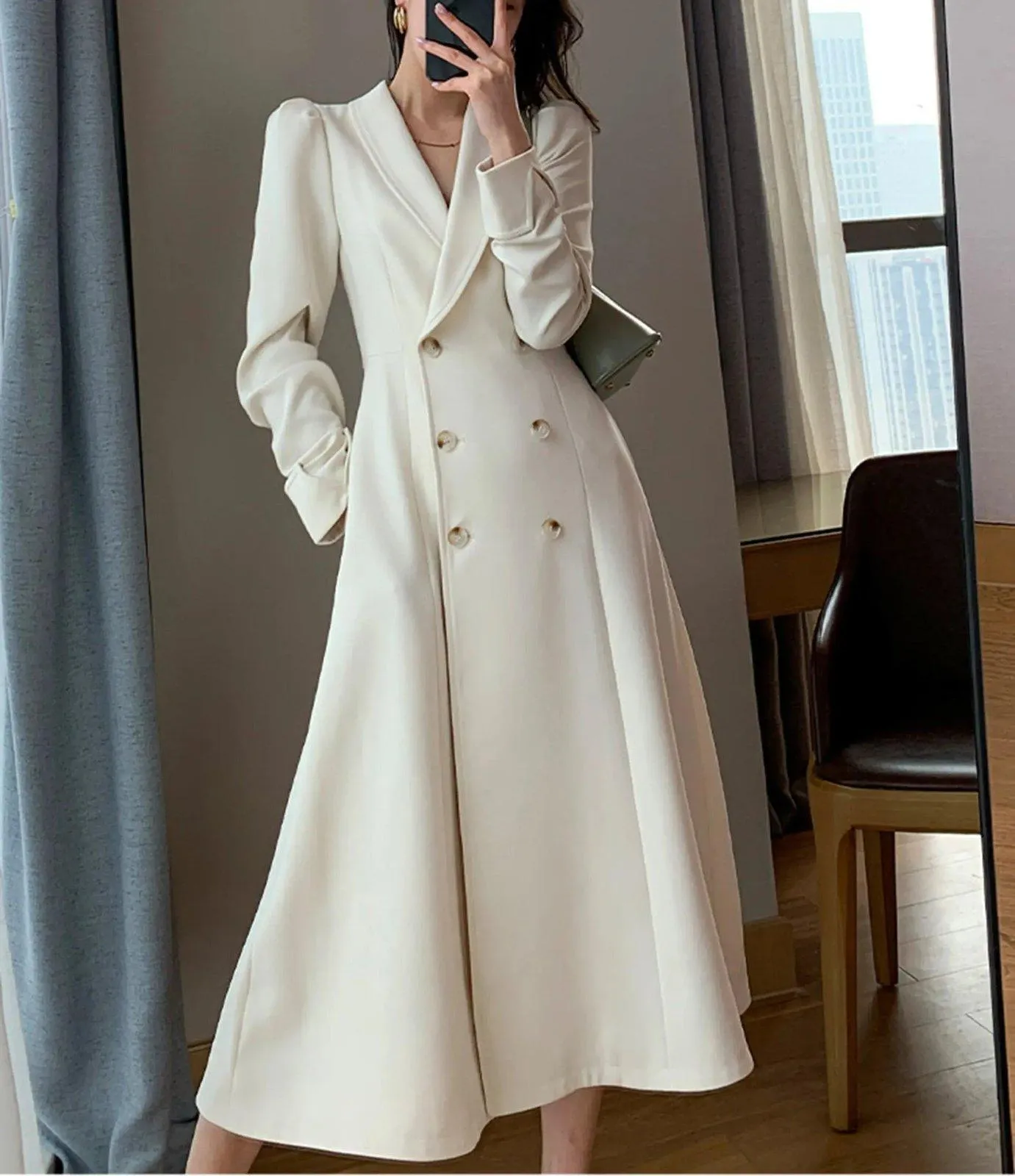 Ivory Double Breasted Blazer Dress Trench Coat