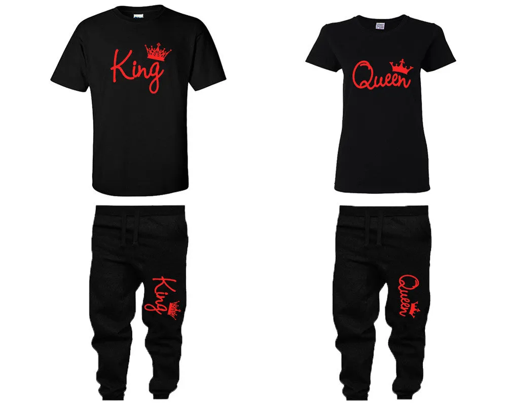 King Queen Couple Shirts and Jogger Pants, Red Design