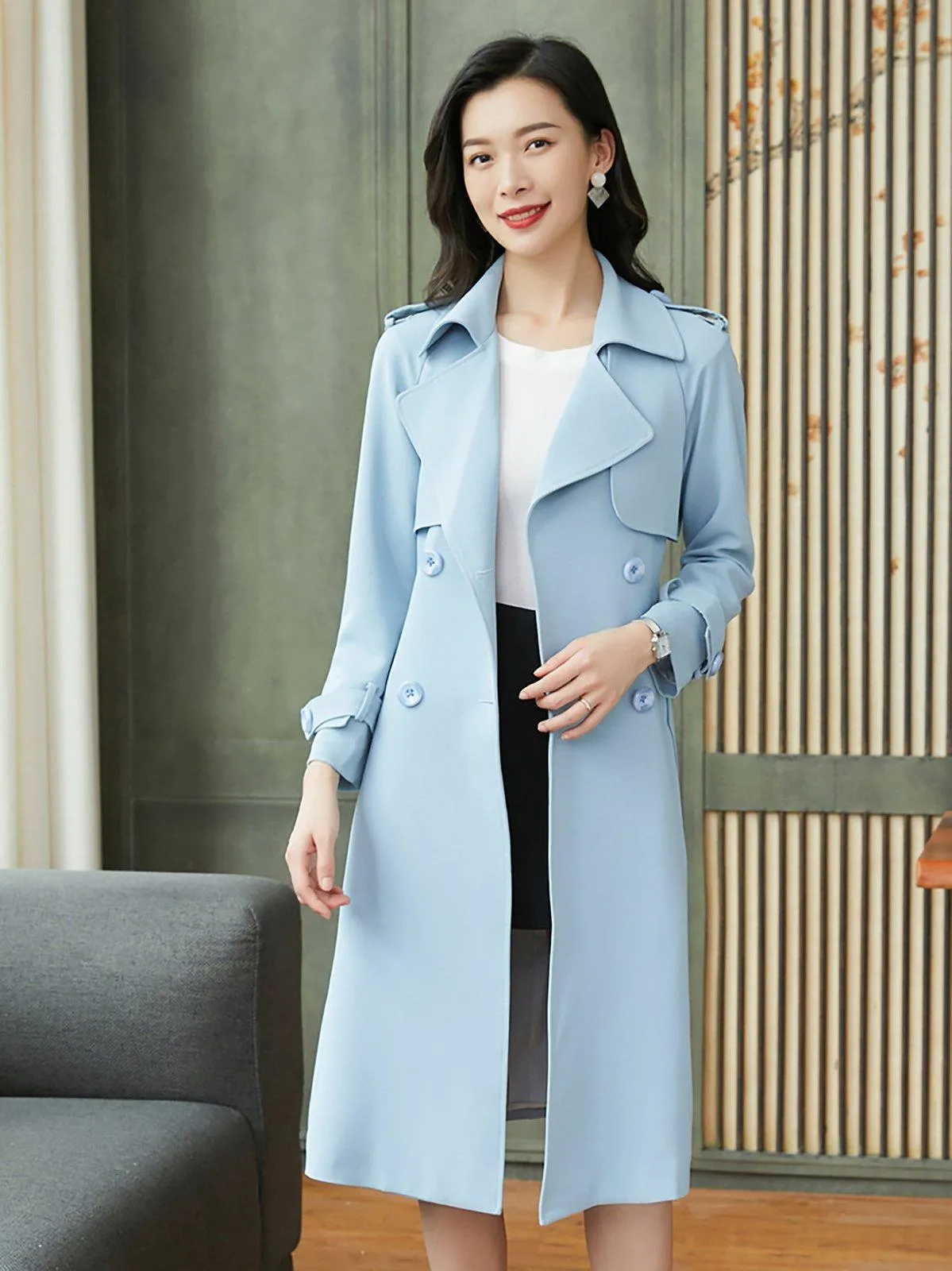 Light Blue Epaulet Double Breasted Trench Coat