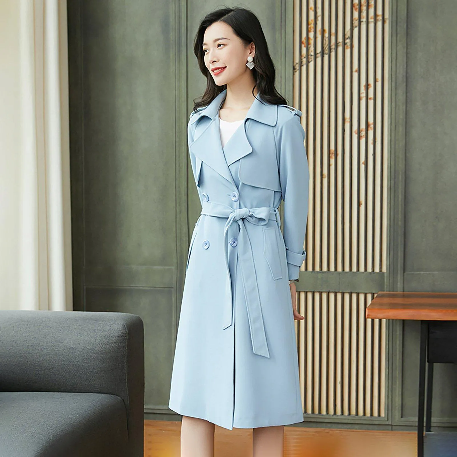 Light Blue Epaulet Double Breasted Trench Coat