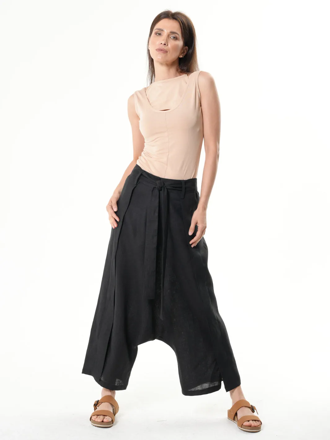 Linen Drop-Crotch Pants In Black