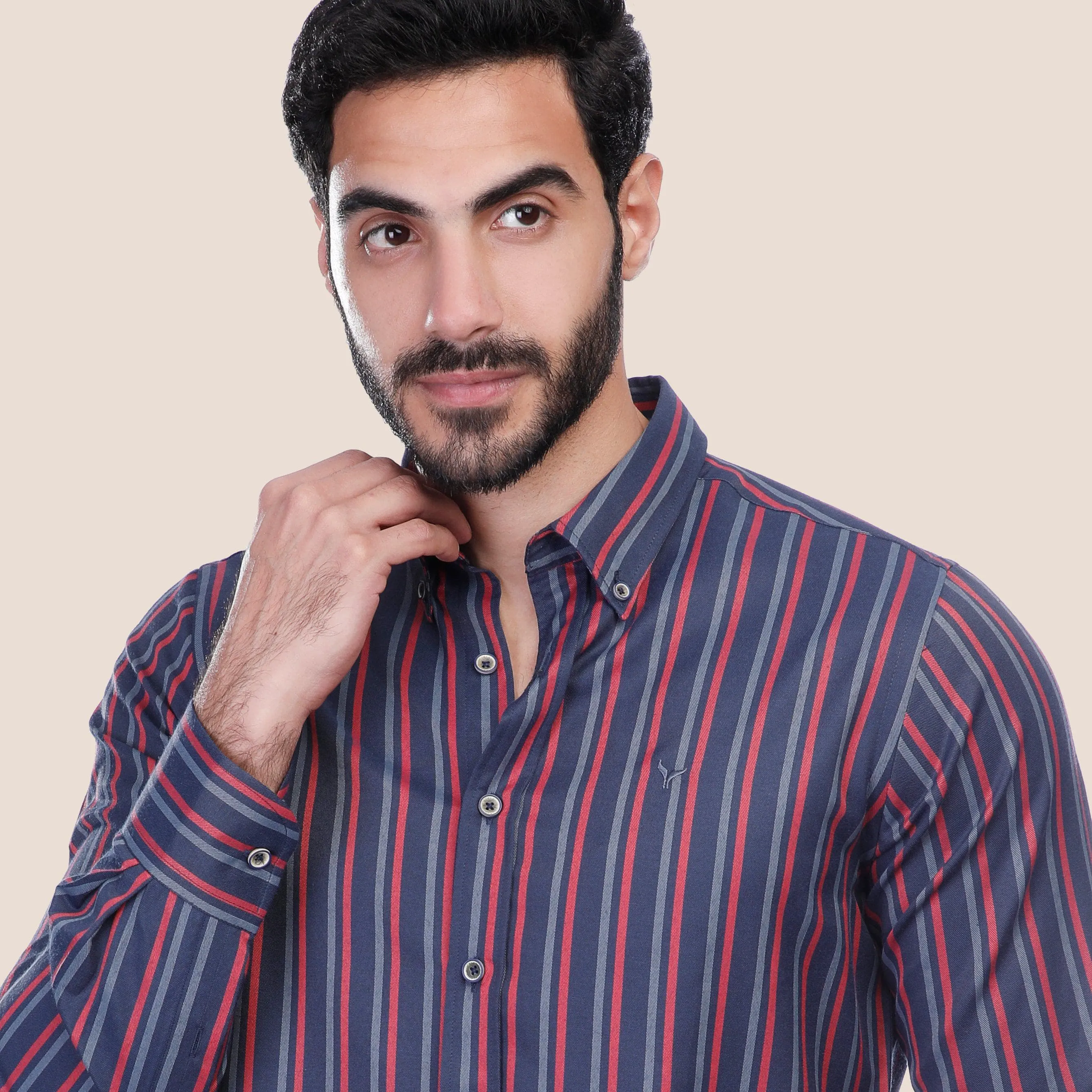 Long Sleeve Striped Shirt - NAVY * RED