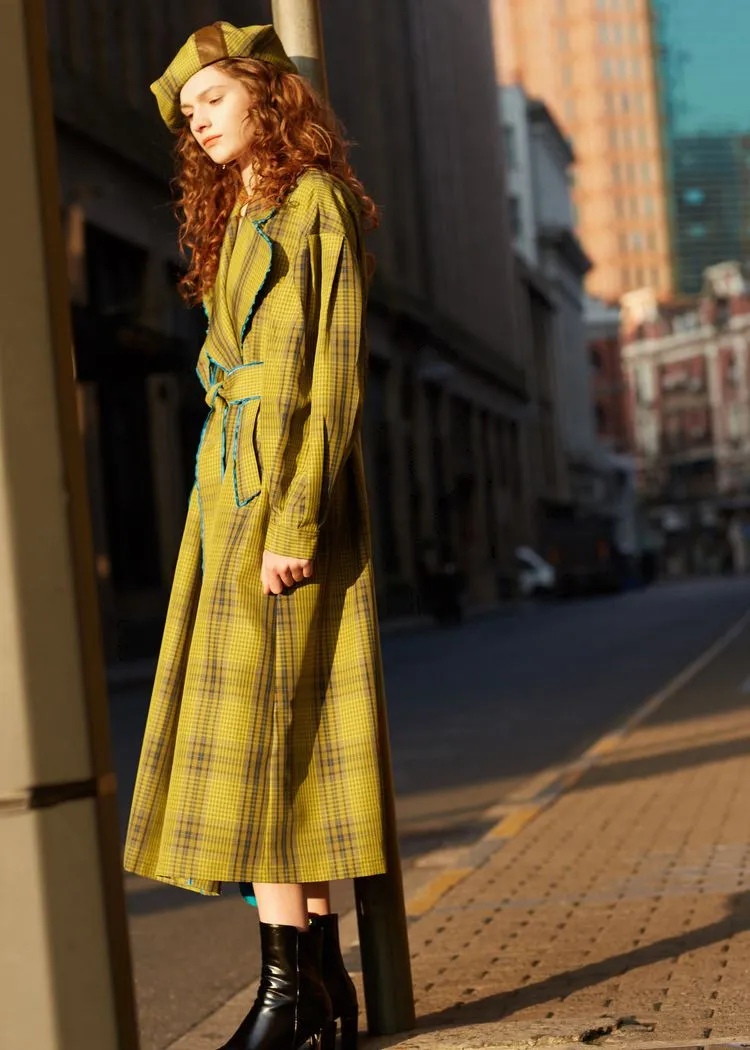 Loose Yellow Plaid Puff Sleeve Belted Midi Trench Coat