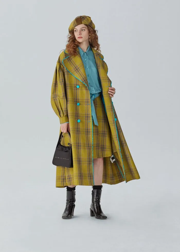 Loose Yellow Plaid Puff Sleeve Belted Midi Trench Coat