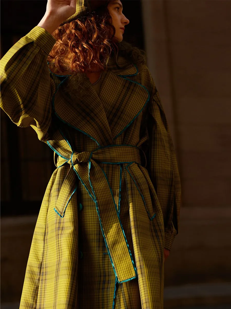 Loose Yellow Plaid Puff Sleeve Belted Midi Trench Coat