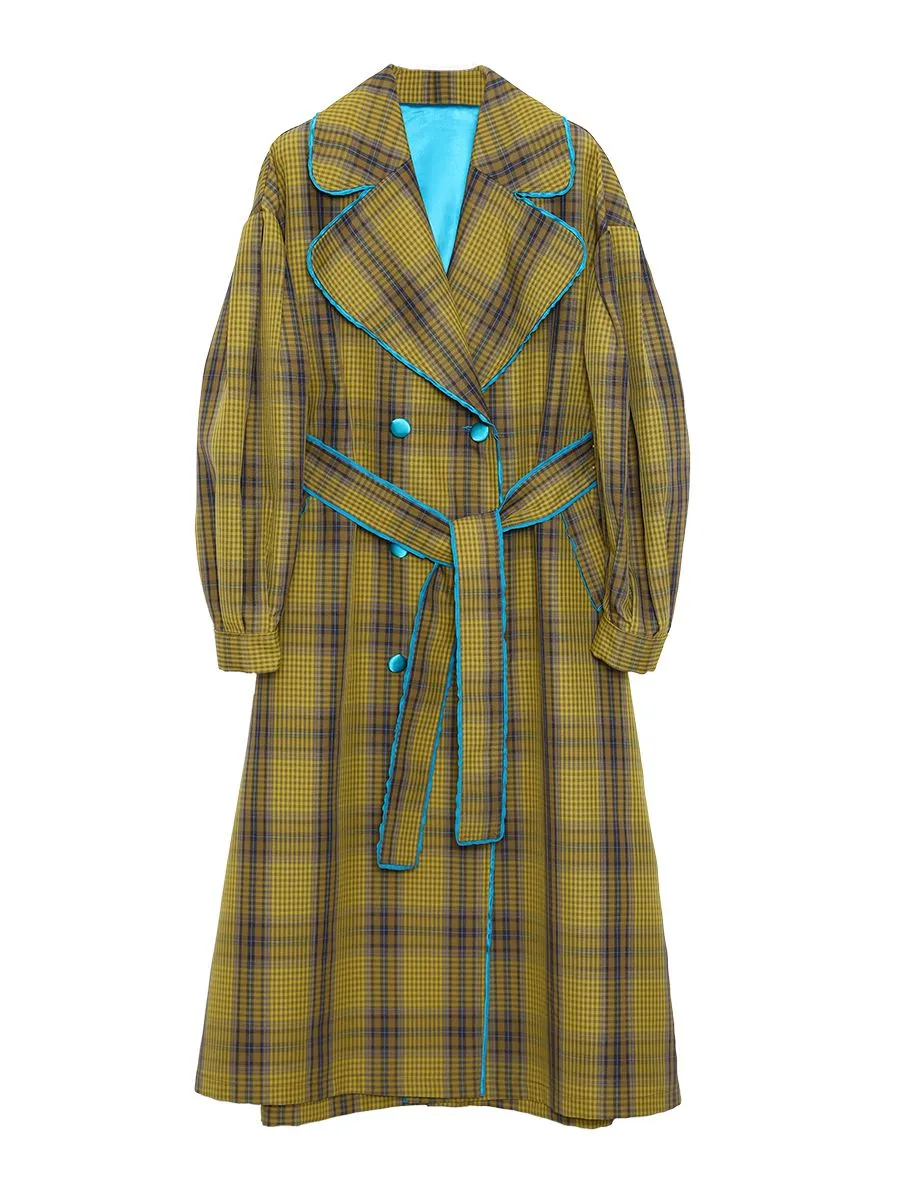 Loose Yellow Plaid Puff Sleeve Belted Midi Trench Coat