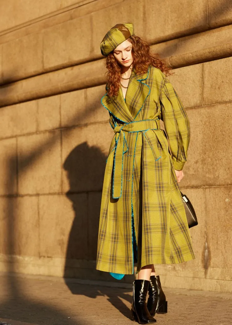 Loose Yellow Plaid Puff Sleeve Belted Midi Trench Coat