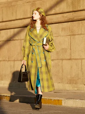 Loose Yellow Plaid Puff Sleeve Belted Midi Trench Coat