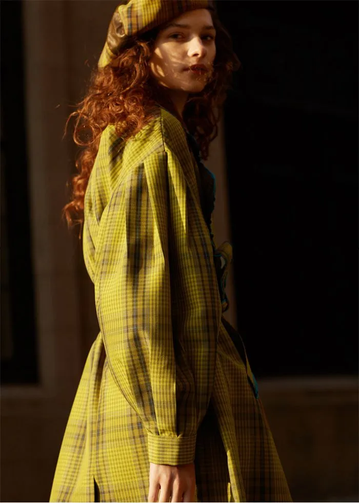 Loose Yellow Plaid Puff Sleeve Belted Midi Trench Coat