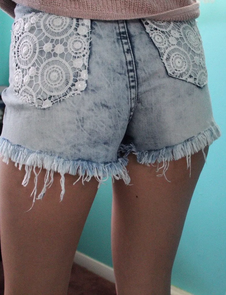 Machine Jeans Destroyed High Waist Jean Shorts White Crochet Lace Pockets Distressed Hi Waisted Festival Cutoffs With Holes Small Medium Or Large