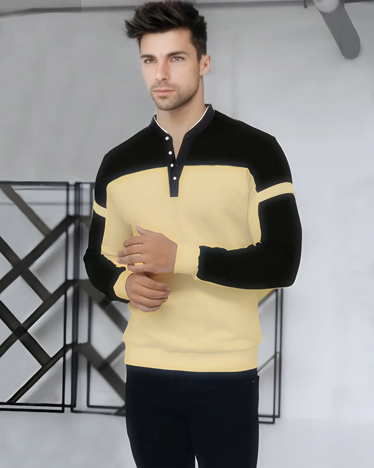 Men Black And Yellow Henley Neck T-Shirt