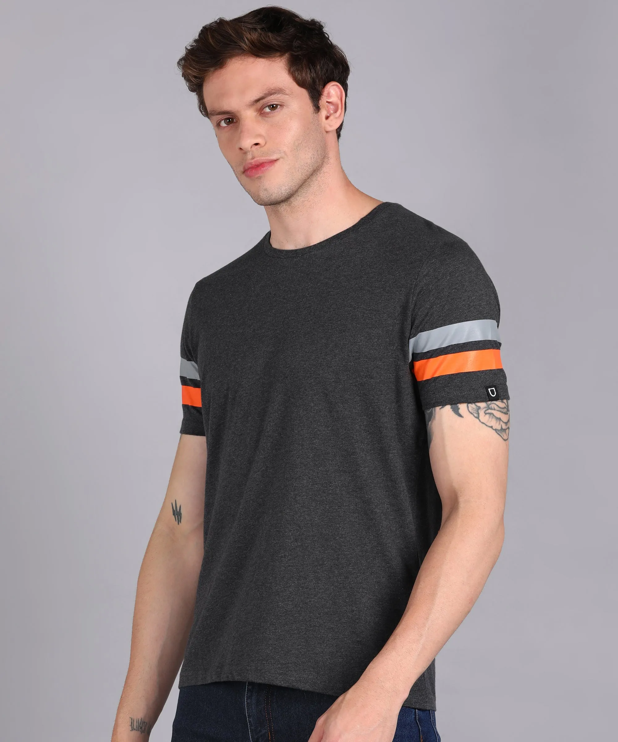 Men's Anthra, Grey, Orange Cotton Color-Block Slim Fit Half Sleeve T-Shirt