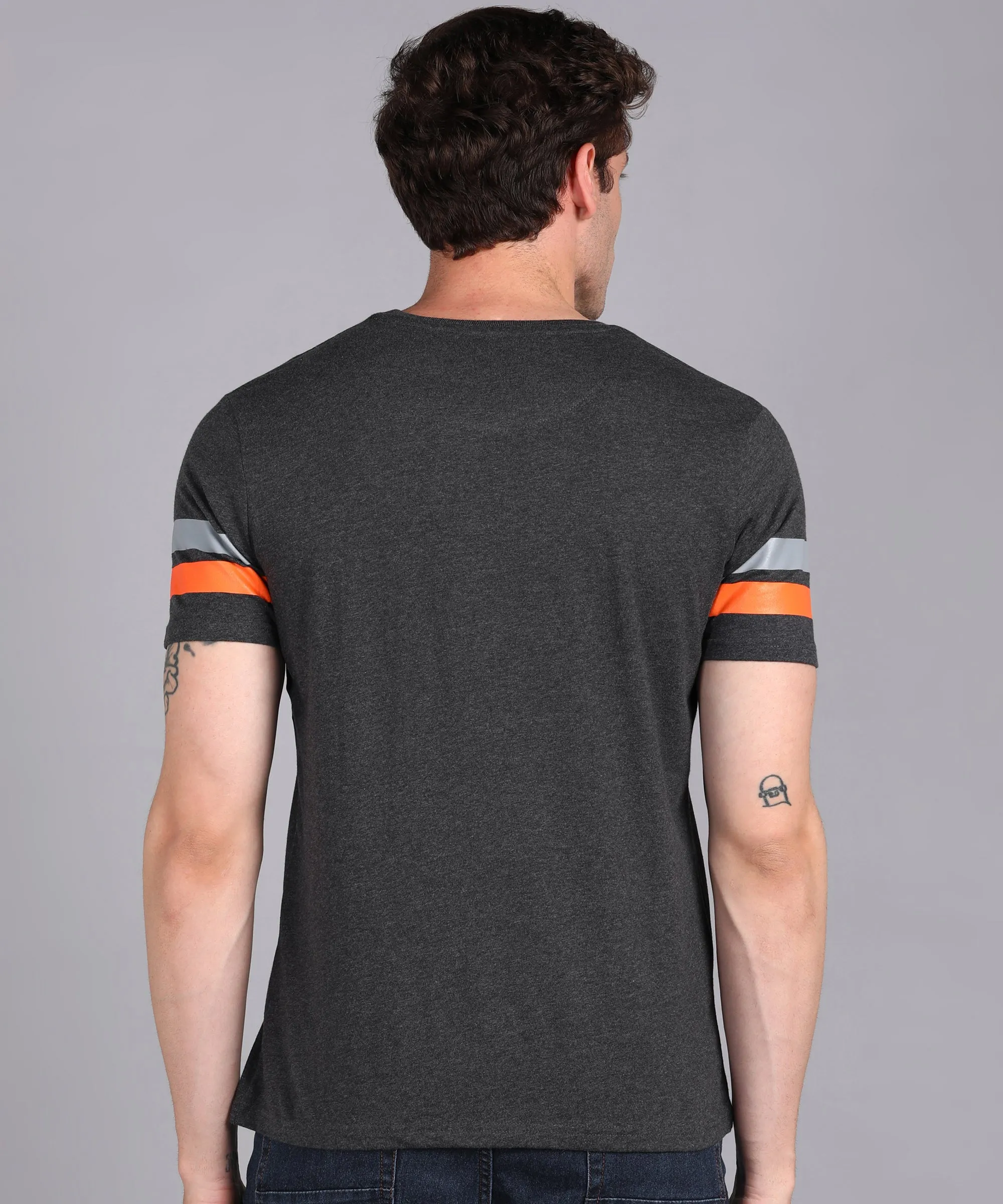 Men's Anthra, Grey, Orange Cotton Color-Block Slim Fit Half Sleeve T-Shirt