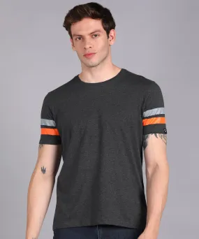 Men's Anthra, Grey, Orange Cotton Color-Block Slim Fit Half Sleeve T-Shirt