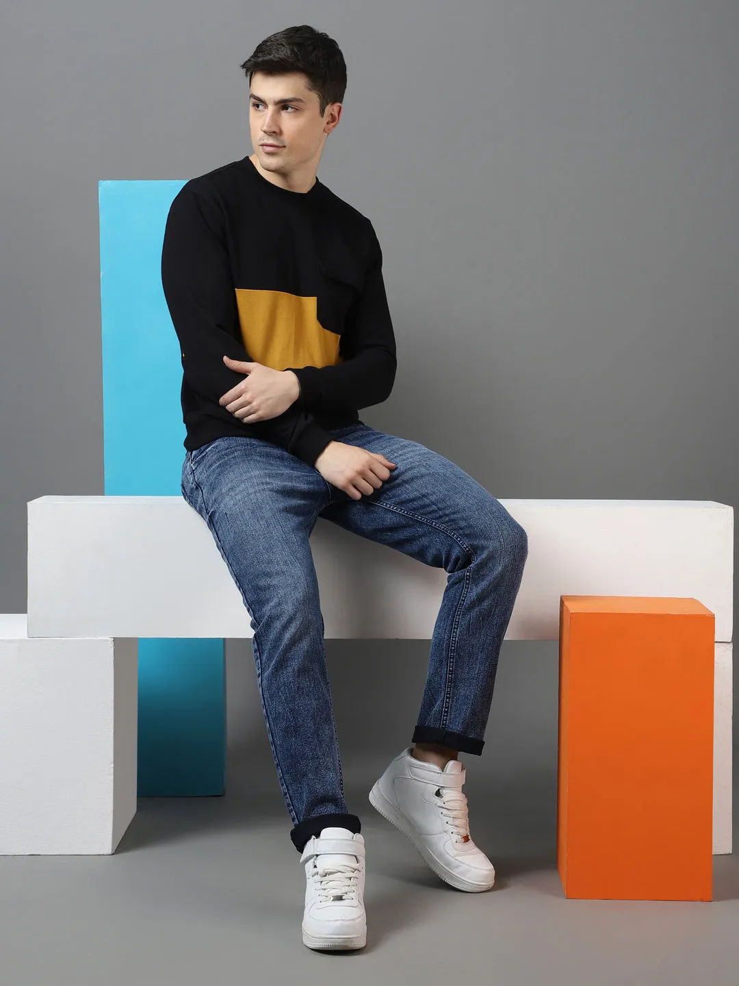 Men's Black Cotton Color Block Round Neck Sweatshirt