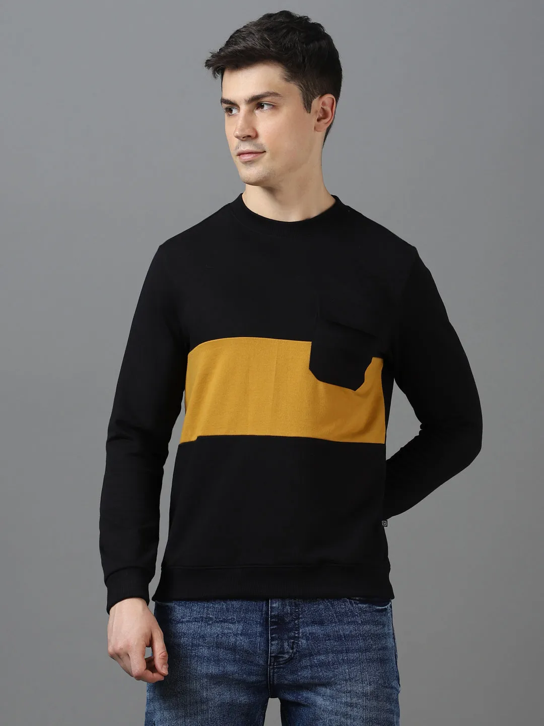 Men's Black Cotton Color Block Round Neck Sweatshirt