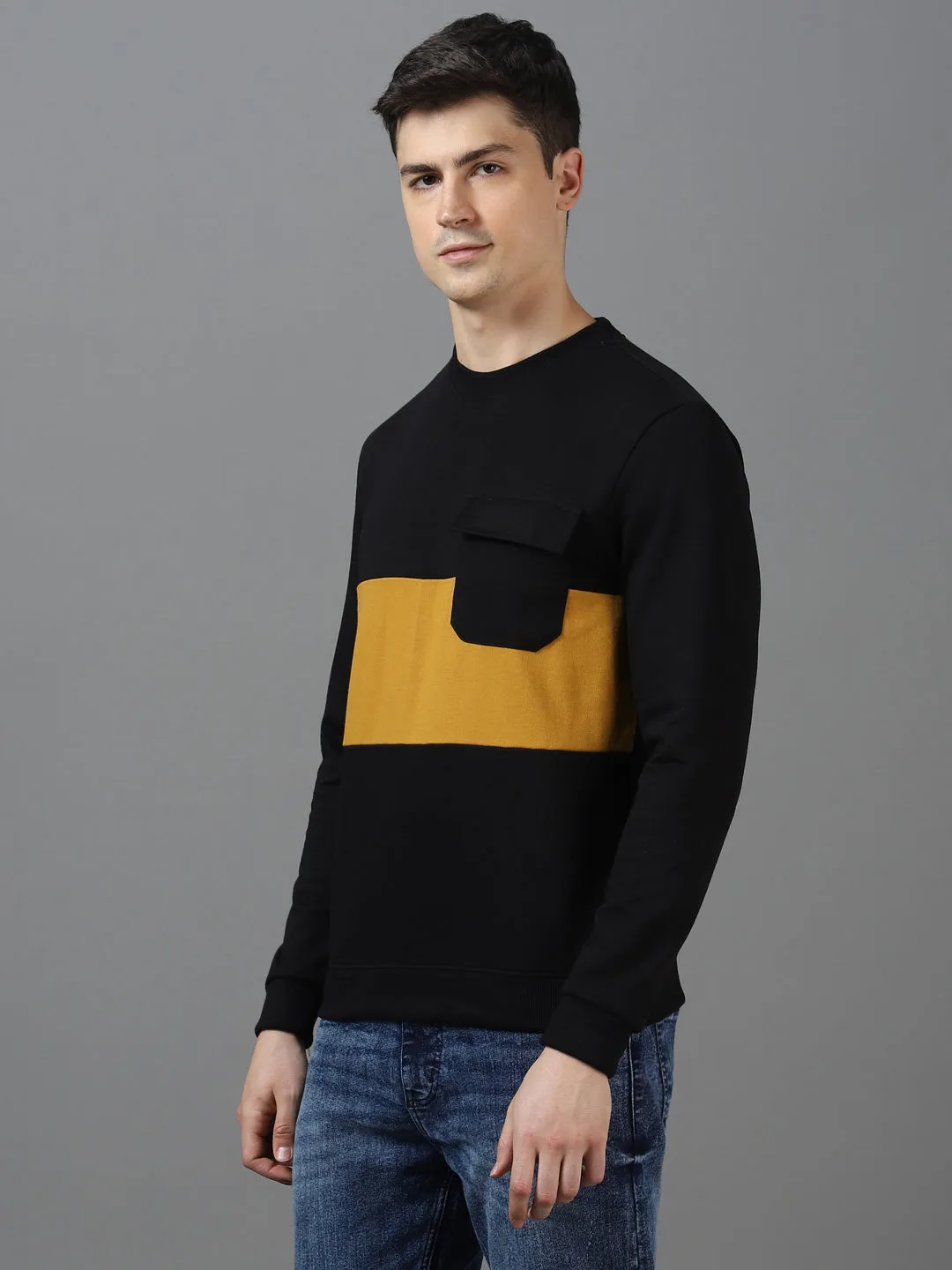 Men's Black Cotton Color Block Round Neck Sweatshirt