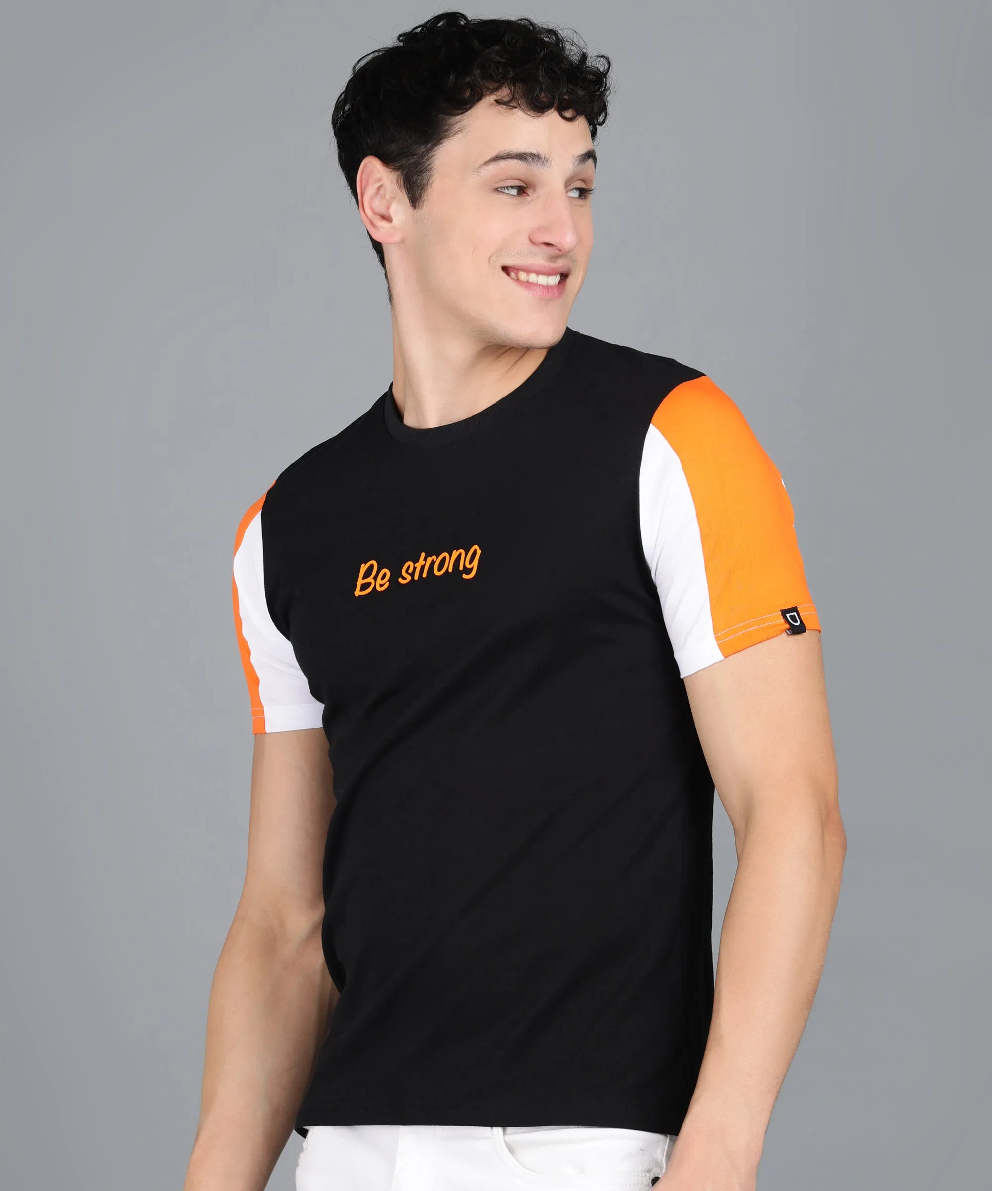 Men's Black, Orange, White Cotton Color-Block Slim Fit Half Sleeve T-Shirt