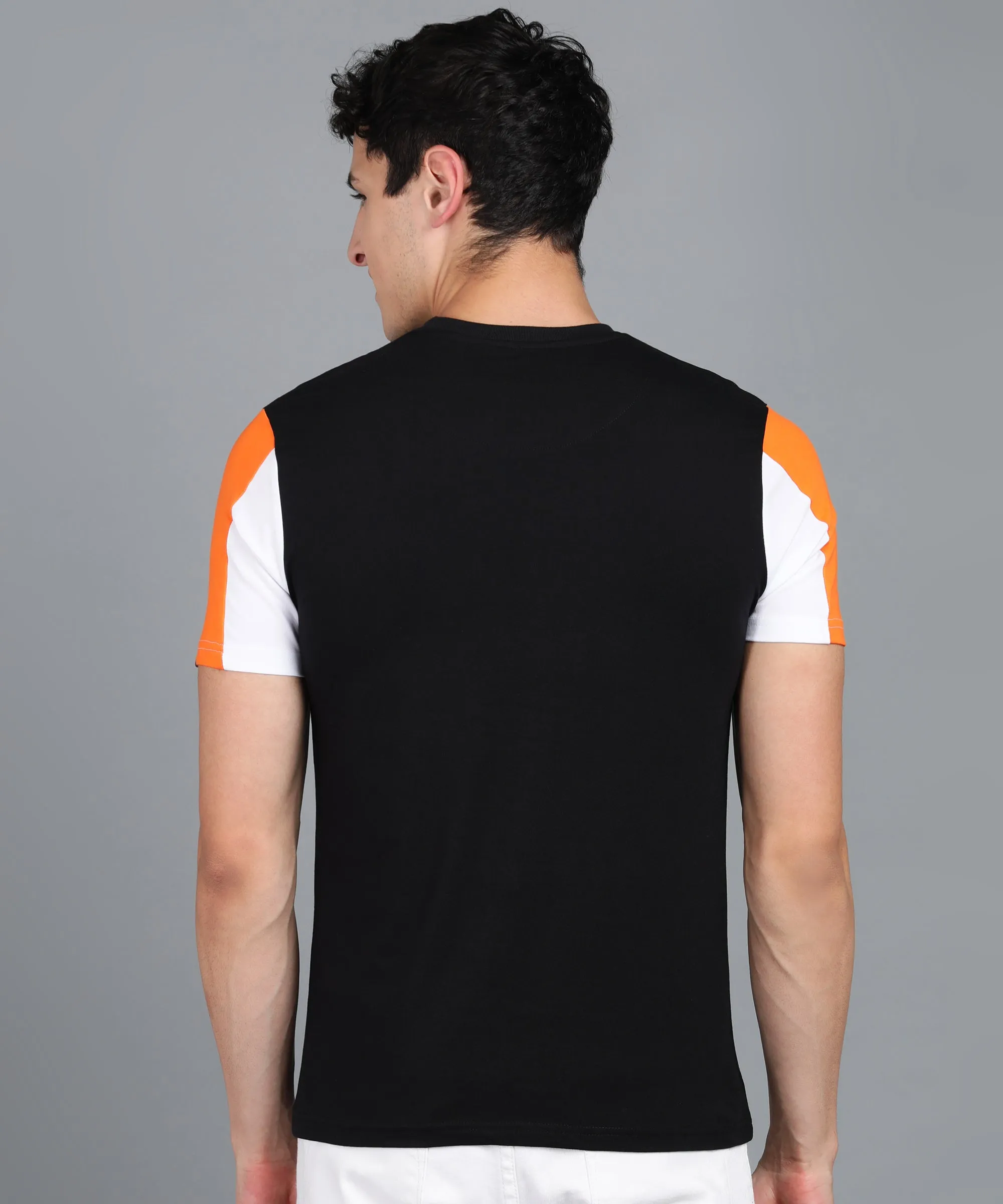 Men's Black, Orange, White Cotton Color-Block Slim Fit Half Sleeve T-Shirt