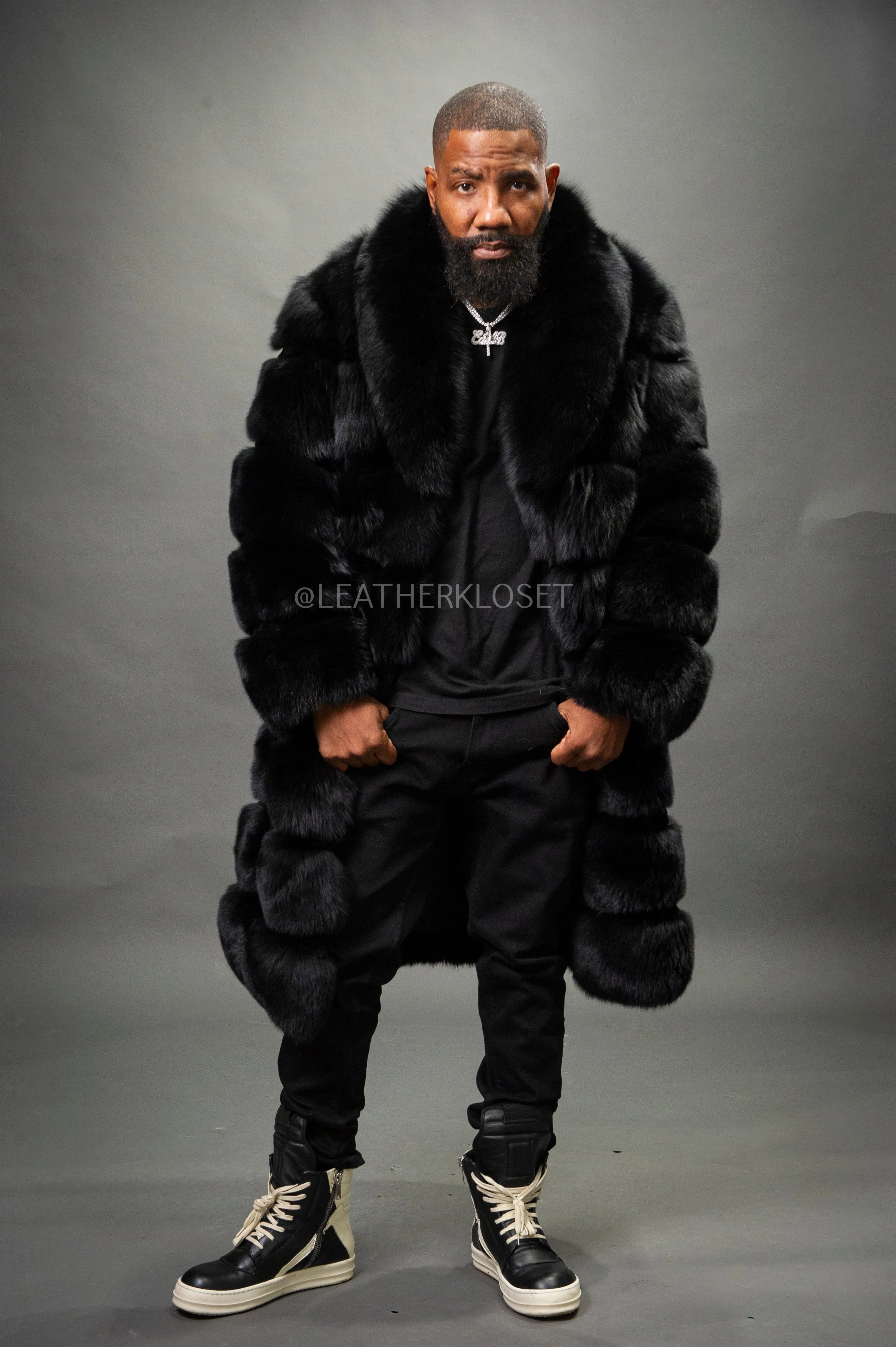 Men's Black Russian Fox Fur Coat