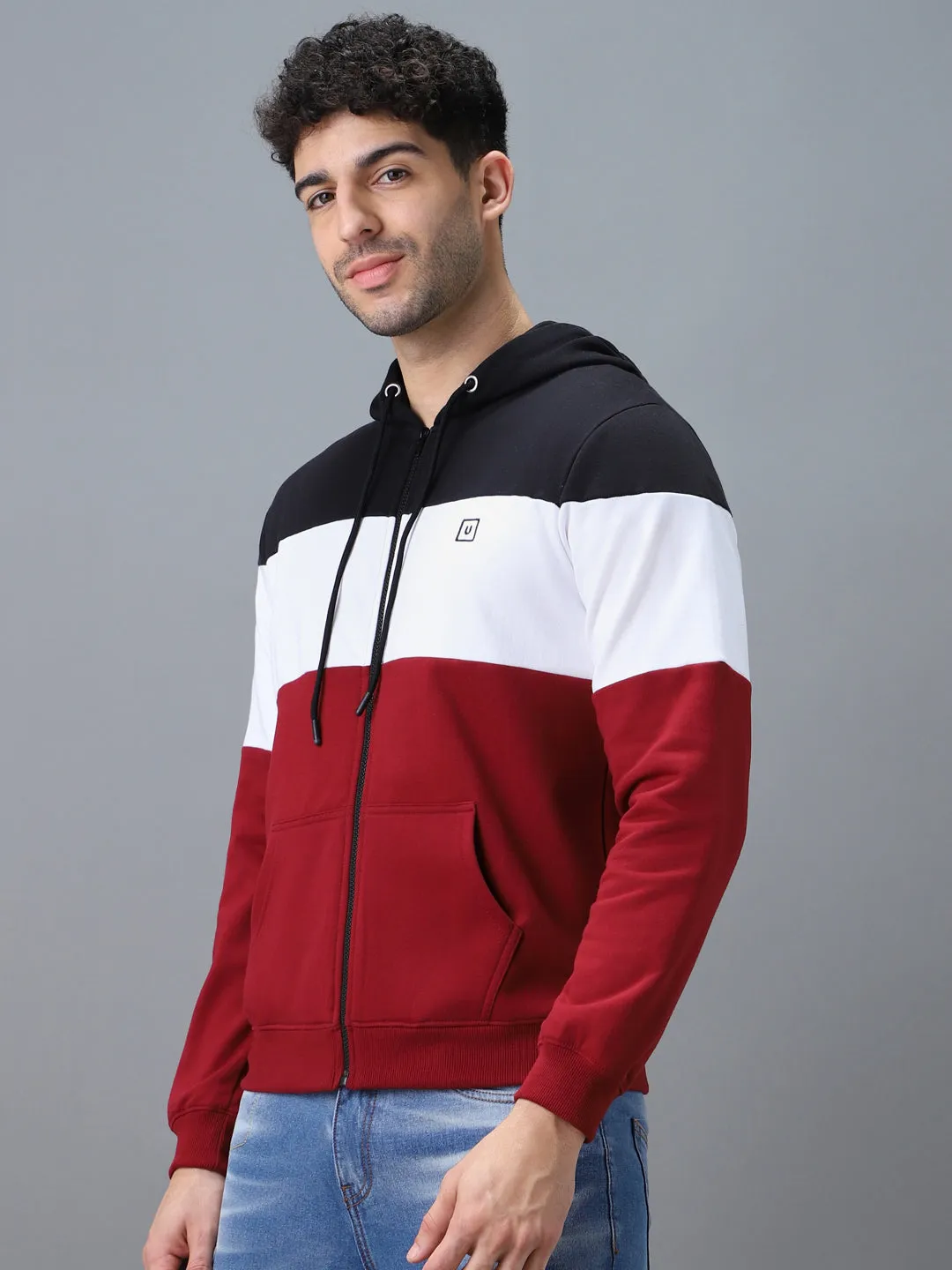 Men's Black, White, Maroon Color Block Cotton Zippered Hooded Sweatshirt