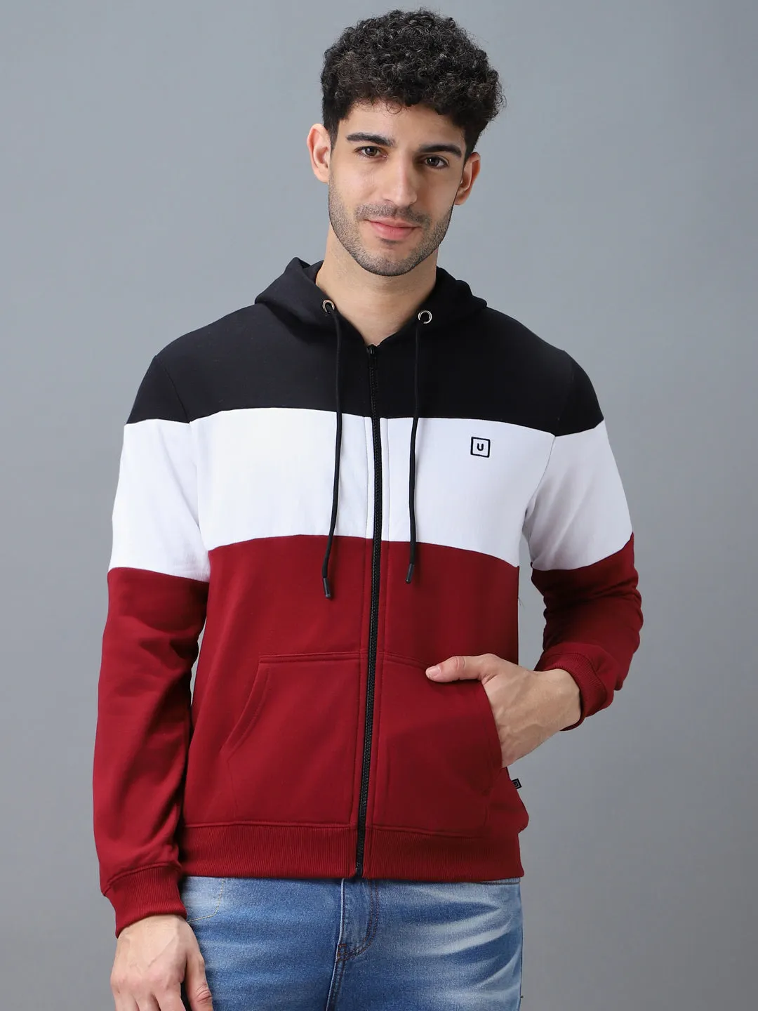 Men's Black, White, Maroon Color Block Cotton Zippered Hooded Sweatshirt