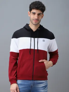 Men's Black, White, Maroon Color Block Cotton Zippered Hooded Sweatshirt