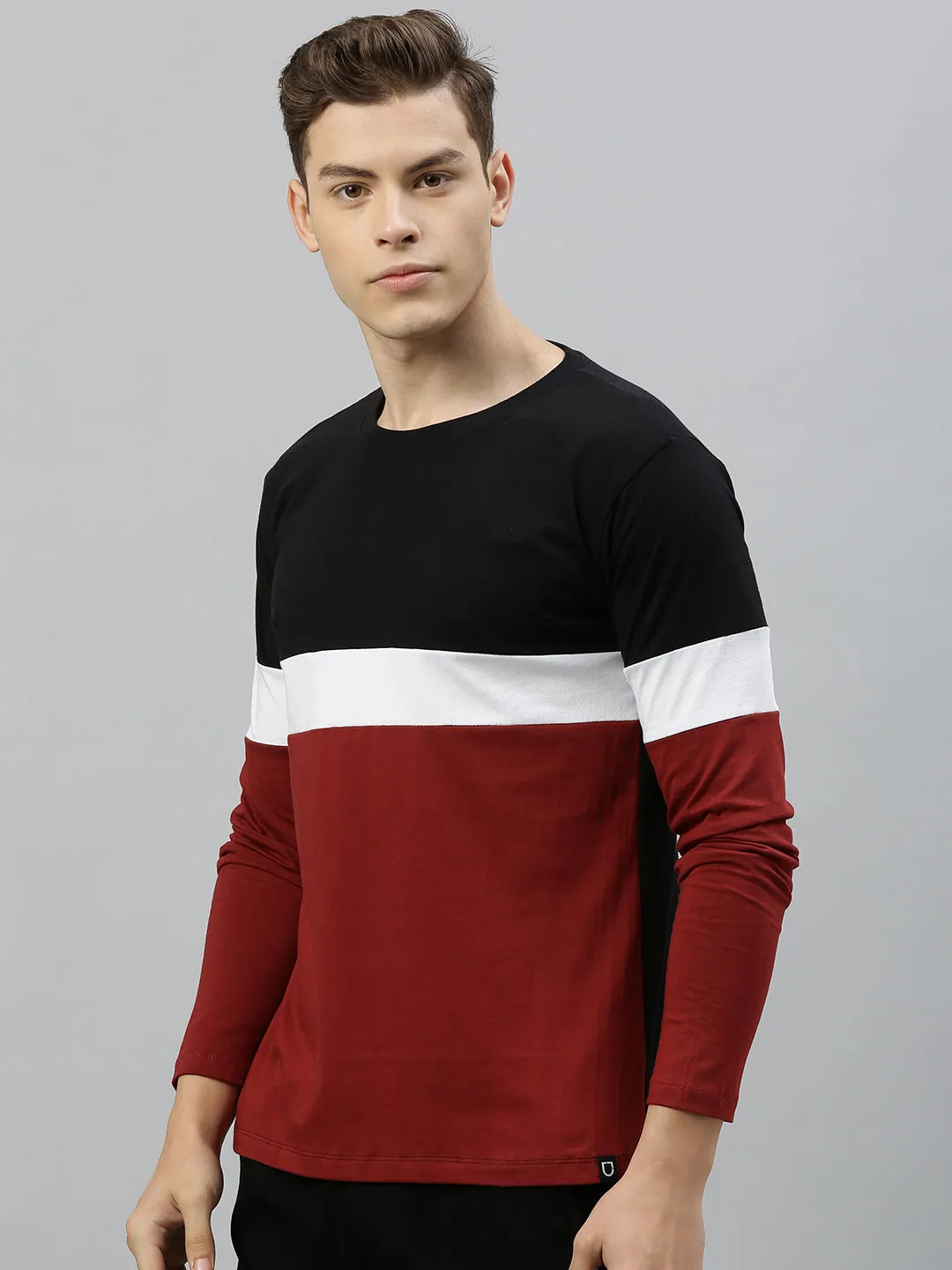 Men's Black, White, Maroon Full Sleeve Round Neck Cotton T-Shirt