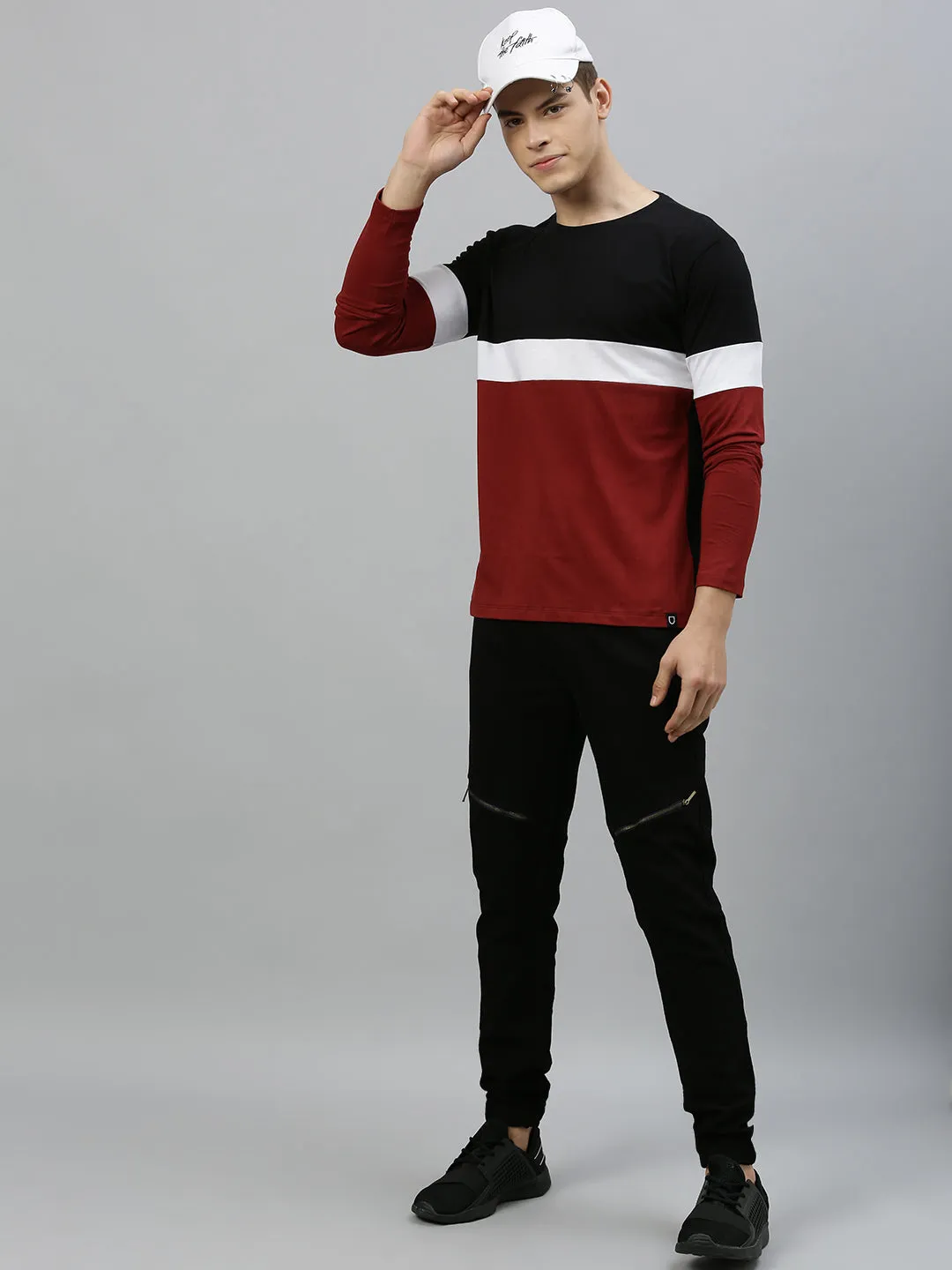 Men's Black, White, Maroon Full Sleeve Round Neck Cotton T-Shirt