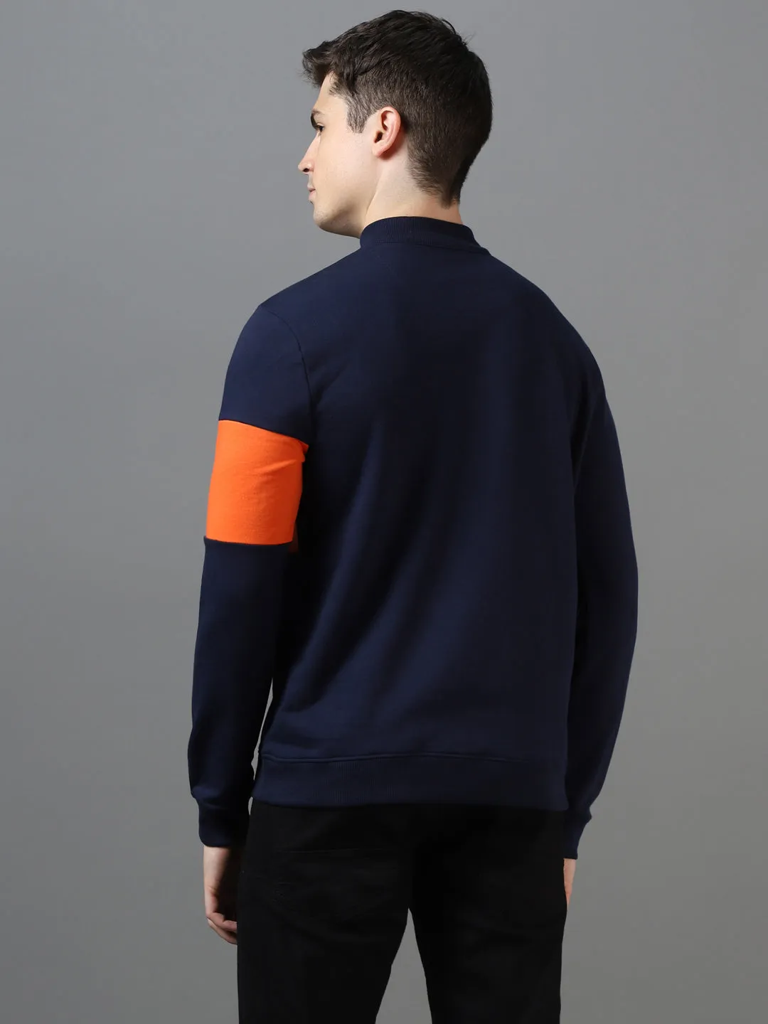 Men's Dark Blue Cotton Color Block Round Neck Sweatshirt