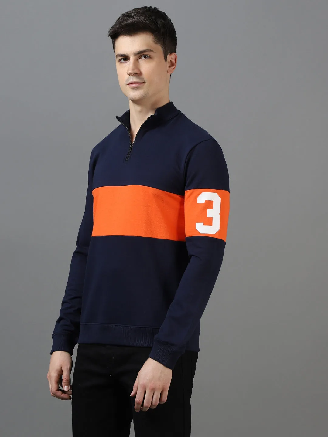 Men's Dark Blue Cotton Color Block Round Neck Sweatshirt